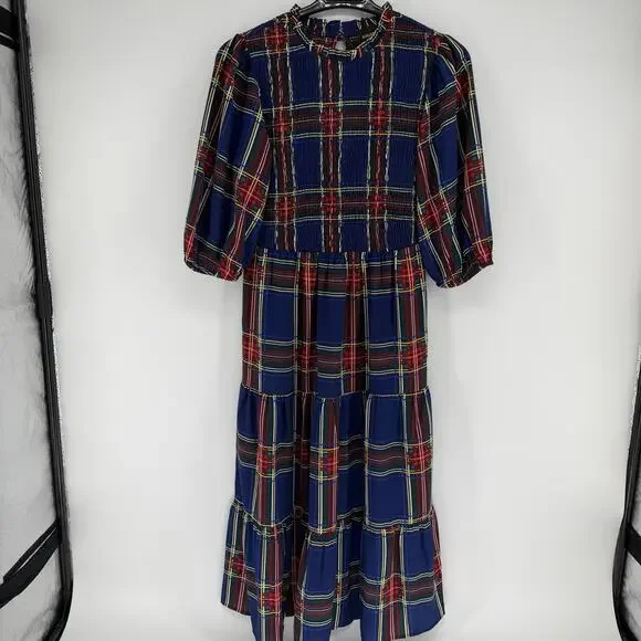 Sugarlips Lakeview Blue Red Plaid Smocked Tiered Maxi Dress Womens Size Medium - Picture 2 of 13